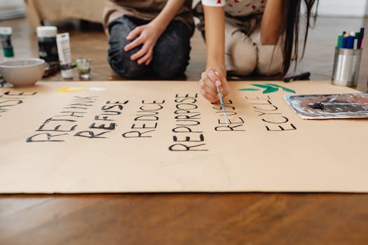 Hands painting on a poster with sustainable message during a school project.
