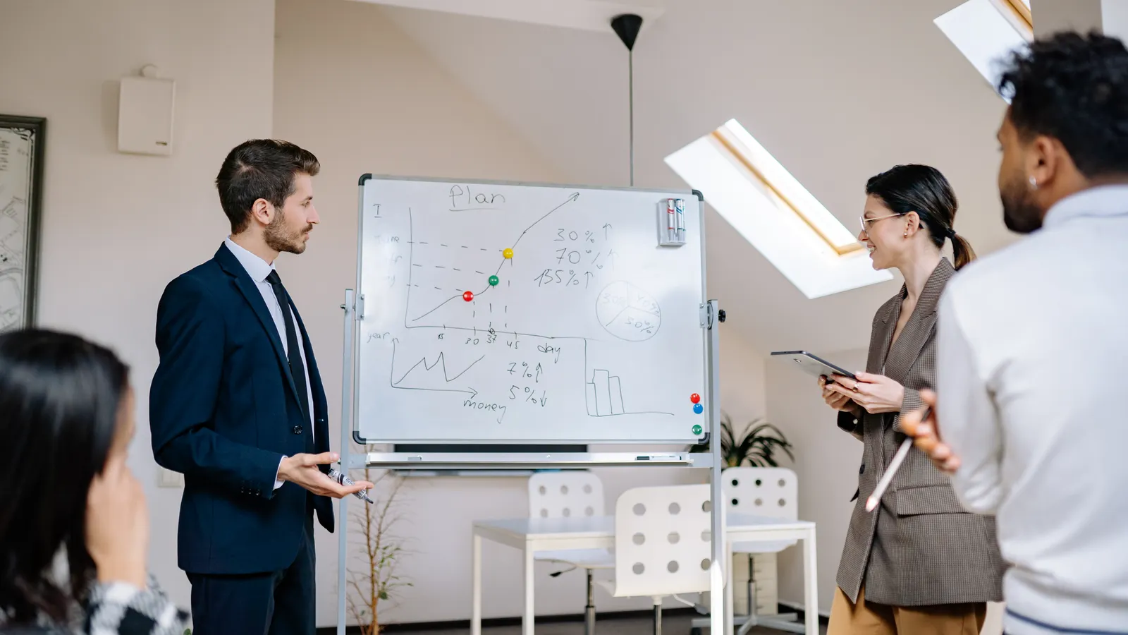 Team standing at a whiteboard discussing a plan during an office meeting