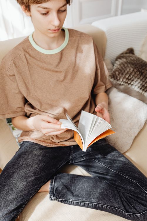 Free A young boy engrossed in reading a book while sitting indoors on a cozy sofa. Stock Photo