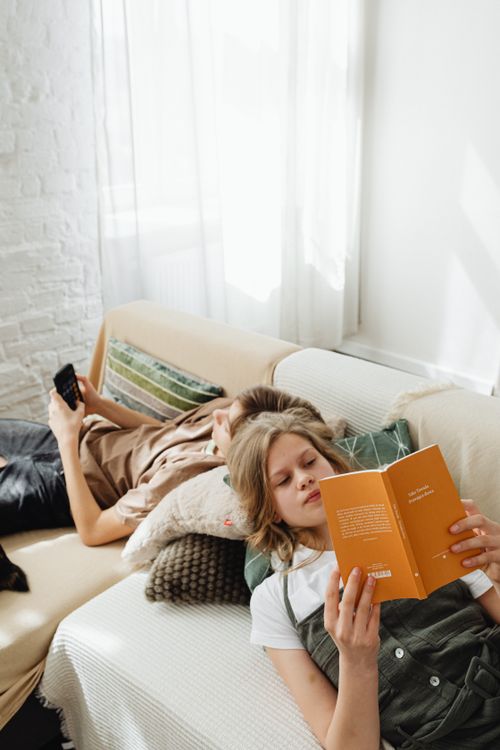 Free Siblings enjoying leisure time on the couch with a book and a cellphone. Stock Photo