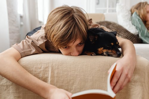 Free A Boy Reading a Book while Lying Beside Sleeping Black Dog Stock Photo