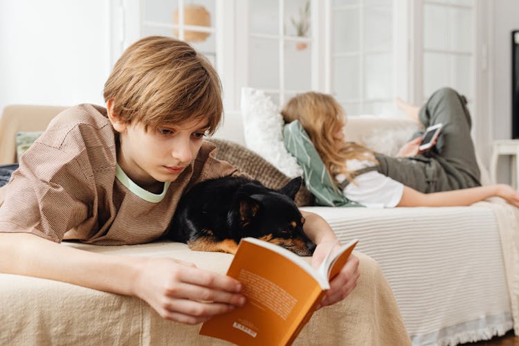 

A Boy Reading A Book While Lying Down On A Couch