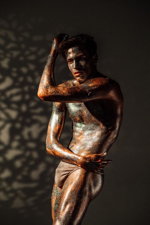 Free A striking artistic portrait of a man covered in shimmering body paint and glitter. Stock Photo