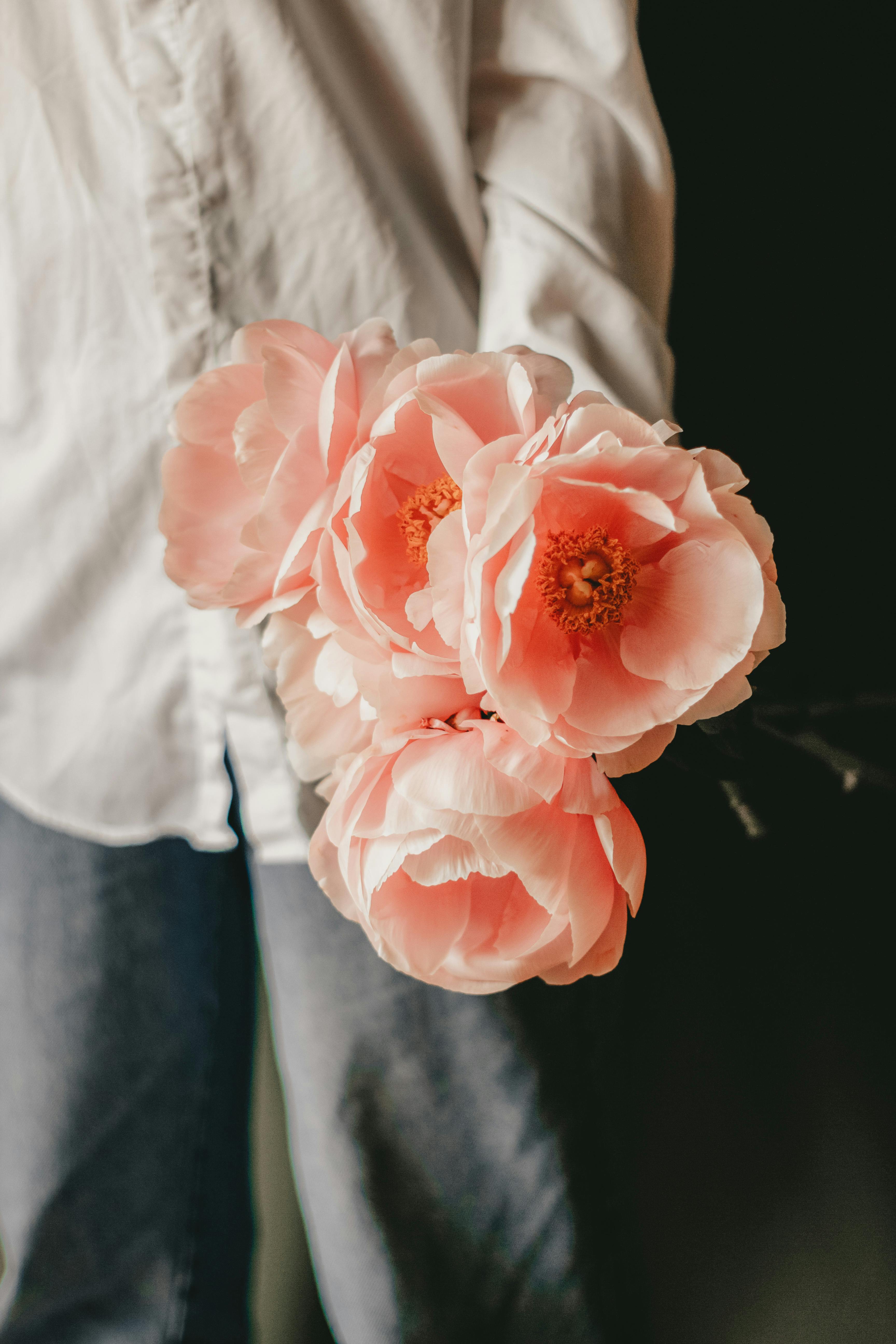 person in casual outfit holding bouquet of blooming peonies in daytime