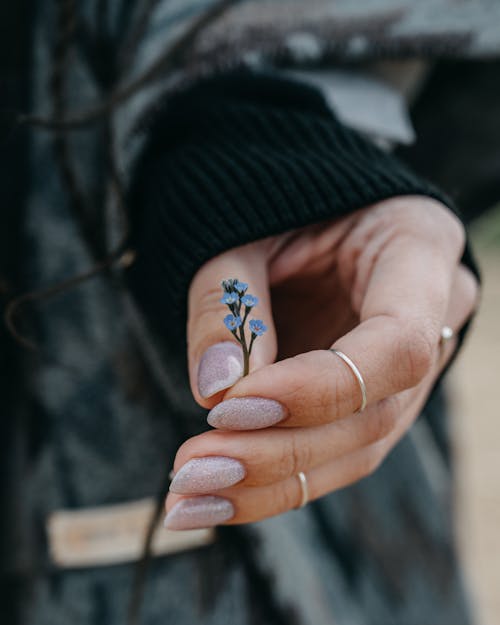 Woman with neat manicure showing gentle blooming flower