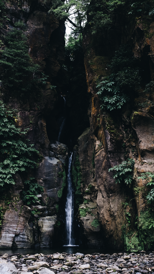 Free Captivating view of a waterfall cascading through a verdant rocky canyon, surrounded by lush greenery. Stock Photo