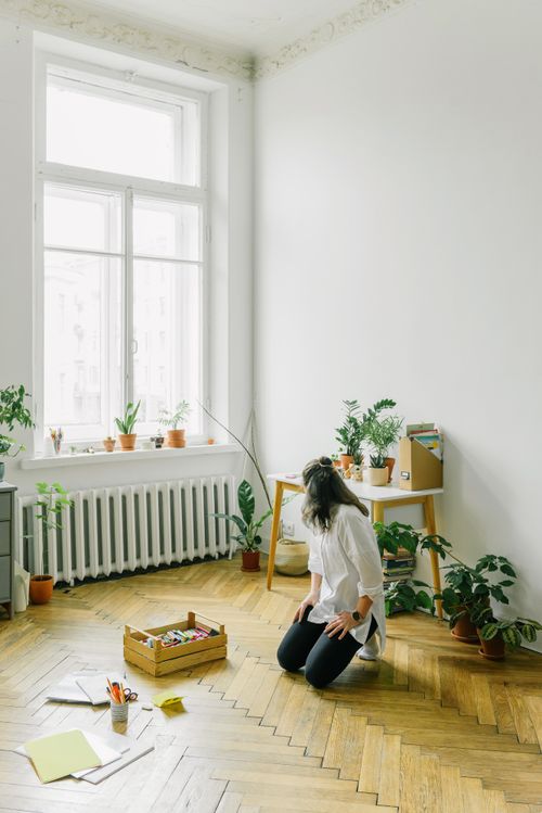 Free A woman kneels in a bright, minimalist room filled with potted plants by a large window. Stock Photo