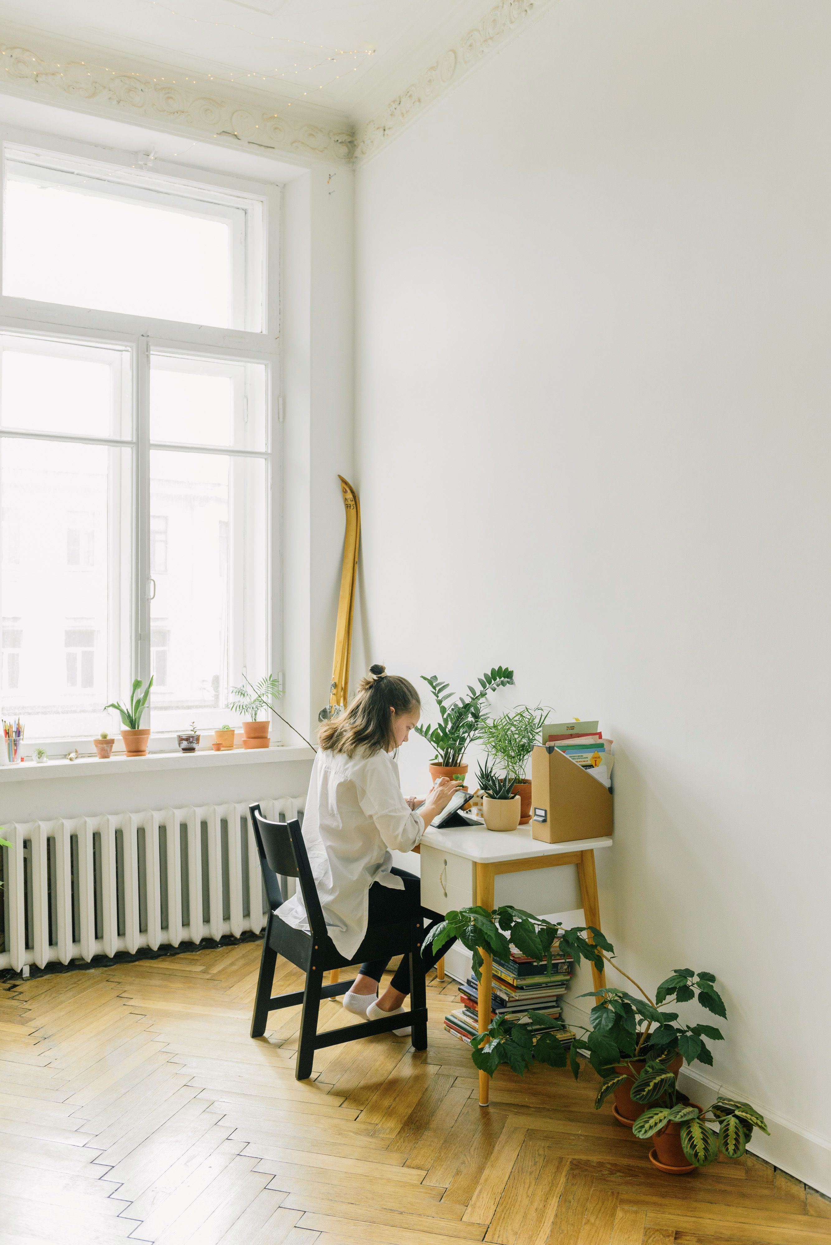 Modern home office with plants and natural light.