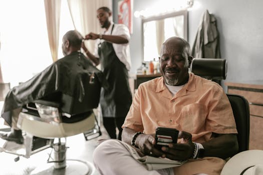 A man sits in a barber shop checking his smartphone while another customer gets a haircut.