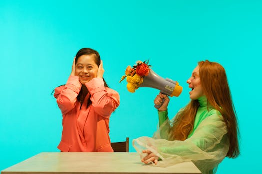 Two women interacting with a creative floral megaphone against a vibrant blue background.