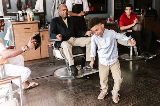 A lively scene of a child dancing happily inside a barber shop with onlookers.