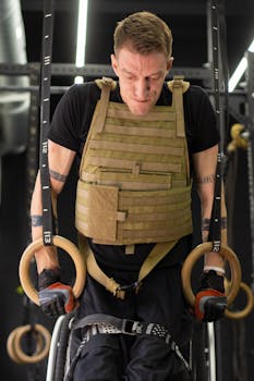 Adult male using gymnastic rings indoors for a workout, wearing a tactical vest, in a modern gym setting.