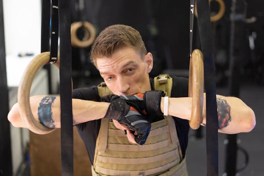 Adult male athlete taking a break on gymnastic rings wearing tactical vest and workout gloves indoors.