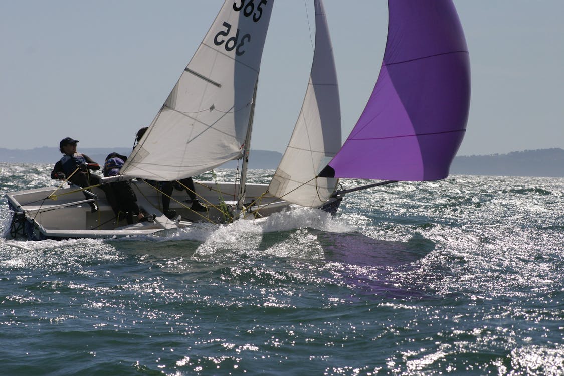 Person in Blue and White Sailboat on Body of Water during Daytime