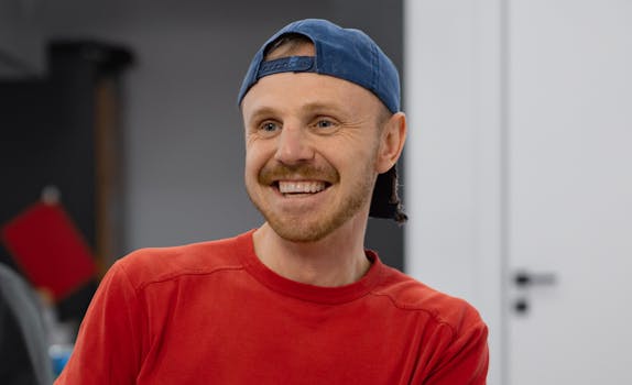 Happy man wearing red shirt and blue cap, smiling indoors.