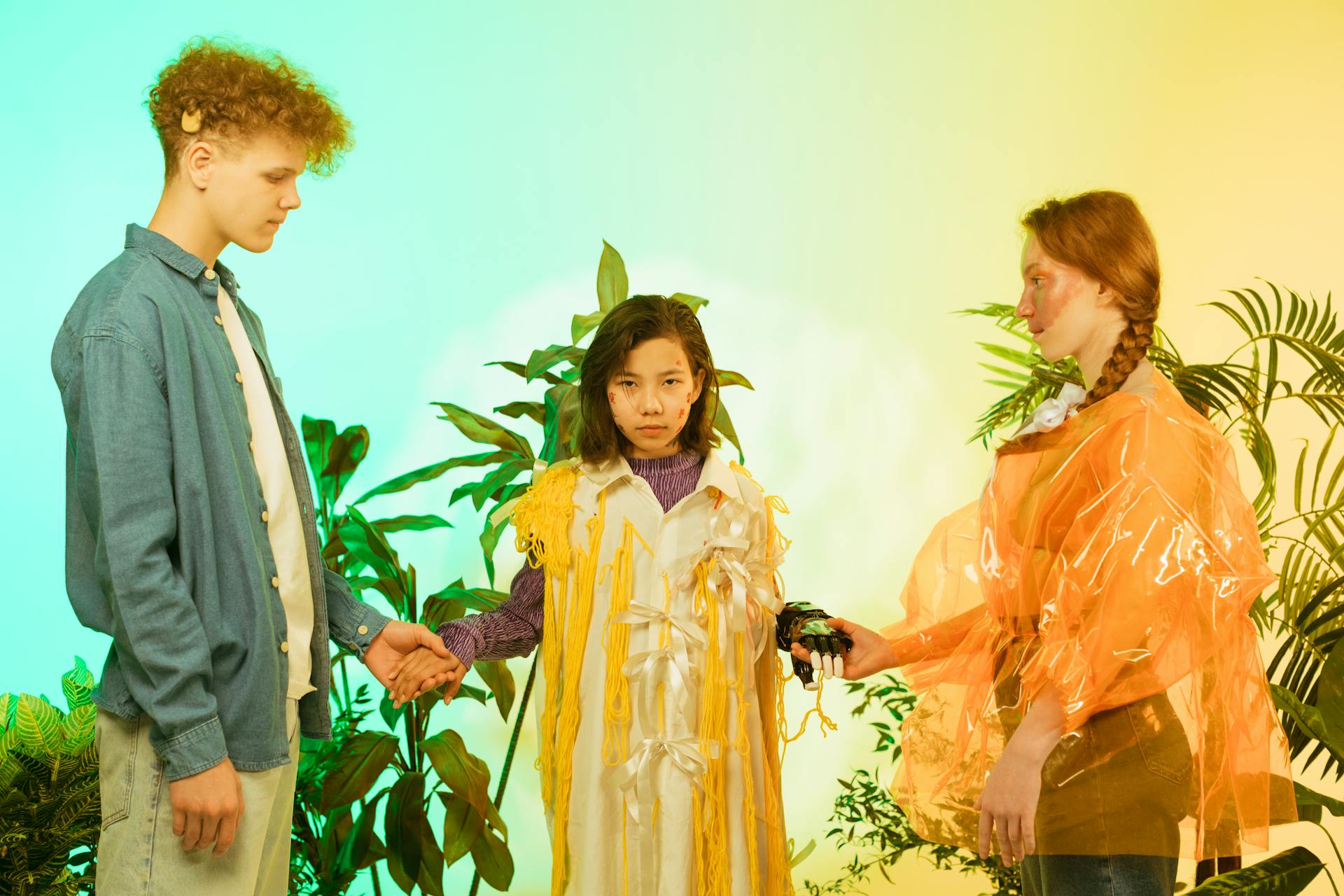 Boy with Hearing Aid Girl with Prosthetic Arm and Girl with Birthmark Holding Hands