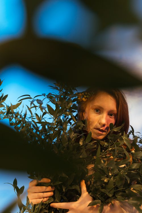 Free A woman holding lush green leaves, posed artistically in a studio setting. Stock Photo