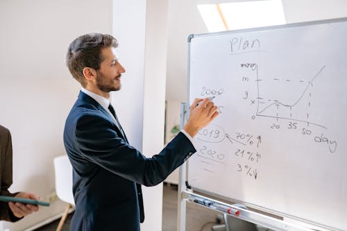 Free Man in Blue Suit Writing on White Board Stock Photo
