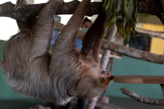 A sloth hanging upside down on a branch indoors, showcasing its natural behavior.