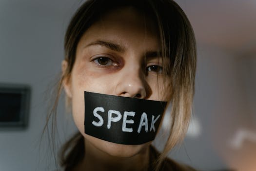 Close-up of a woman with 'Speak' tape across her mouth, conveying silence.