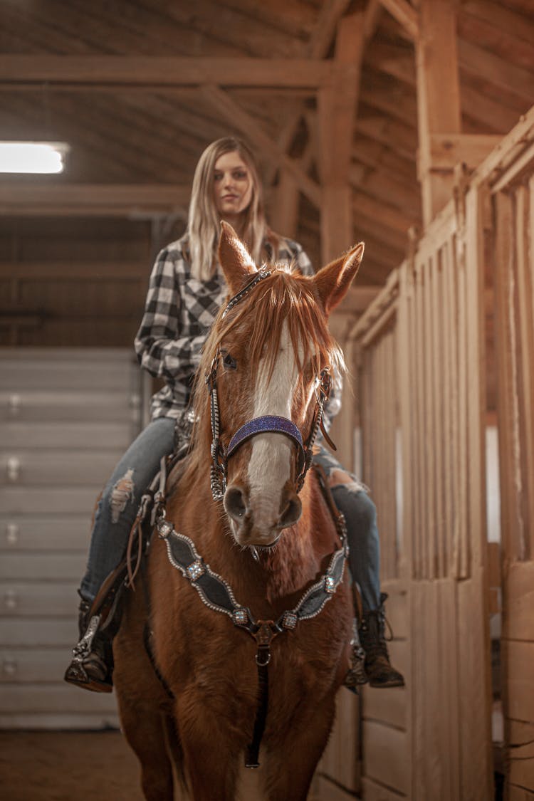 A Beautiful Woman Riding A Horse In A Stable