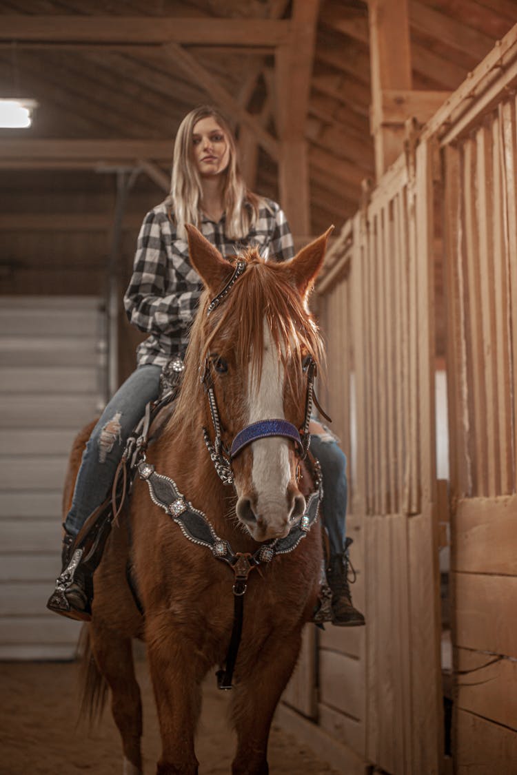 A Beautiful Woman Riding A Horse In A Stable