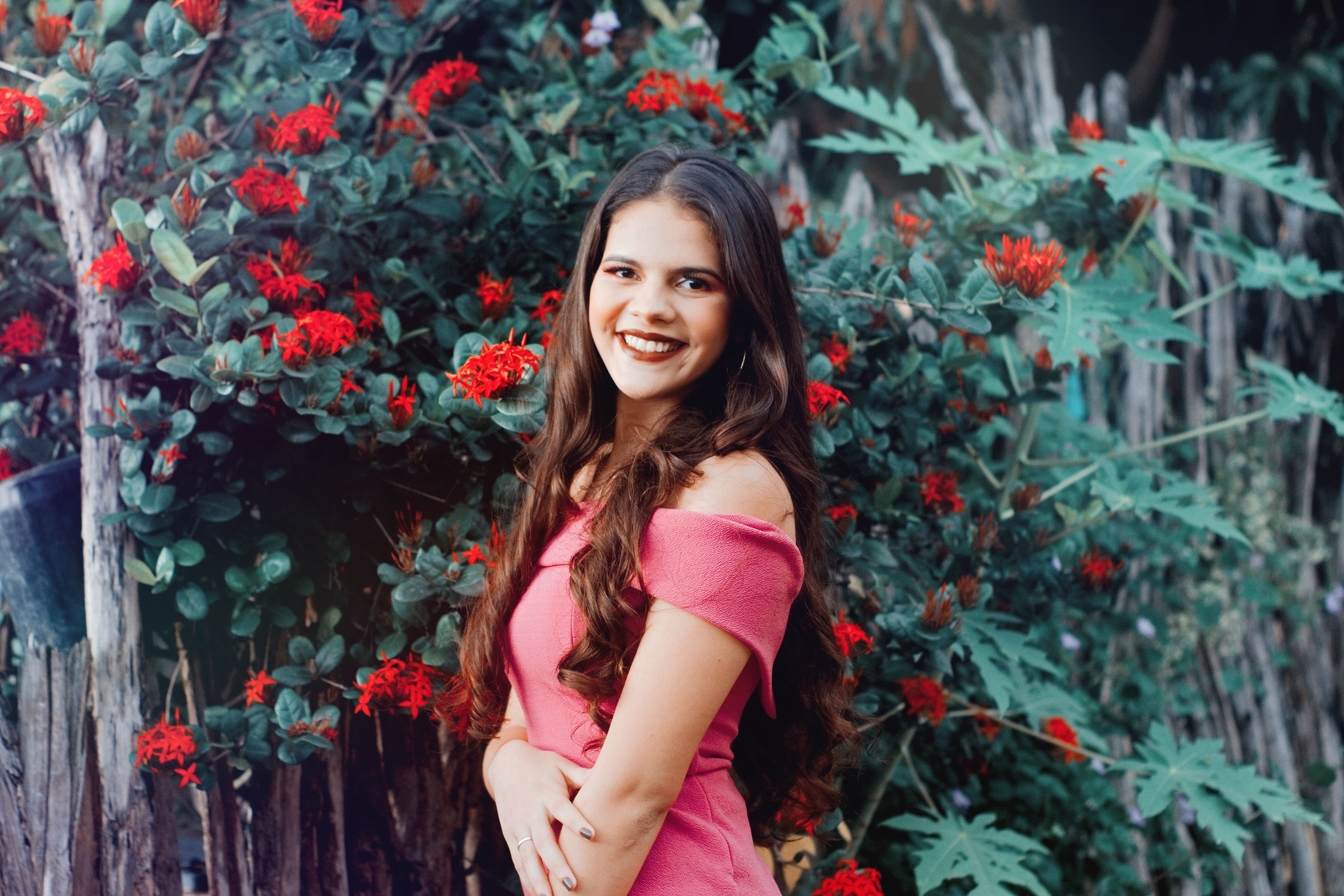 Photo of a Woman in a Pink Dress Near Red Flowers · Free Stock Photo