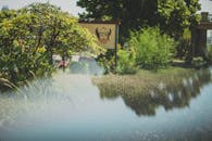 一个宁静的湖滨公园，绿植郁郁葱葱，还有卡通面孔的装饰标志