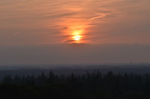 Free Capture of a dramatic sunset above a silhouette forest with mist and clouds. Stock Photo