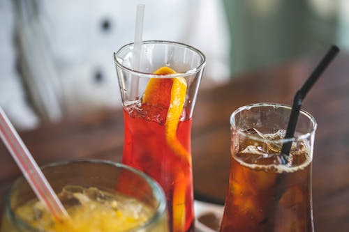 Free Beverages in Clear Drinking Glasses Stock Photo