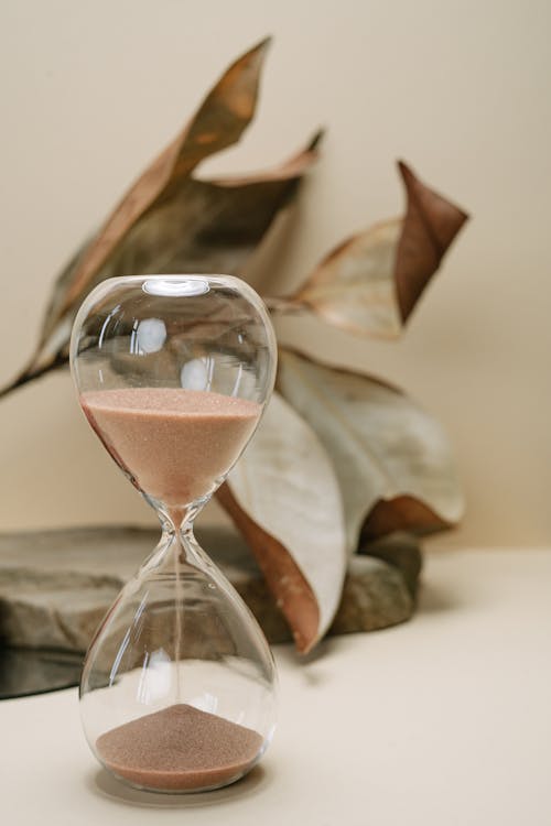 Free Clear Hour Glass beside Brown Leaves Stock Photo