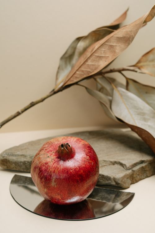 Free Elegant still life featuring a pomegranate with dry leaves and a mirror. Stock Photo