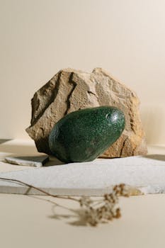 A creative still life featuring a ripe avocado against textured rock background, highlighting natural contrasts.