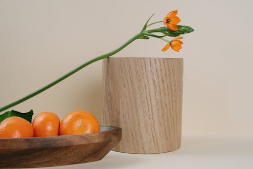 Close-Up Photo of Oranges Near a Wooden Cylinder