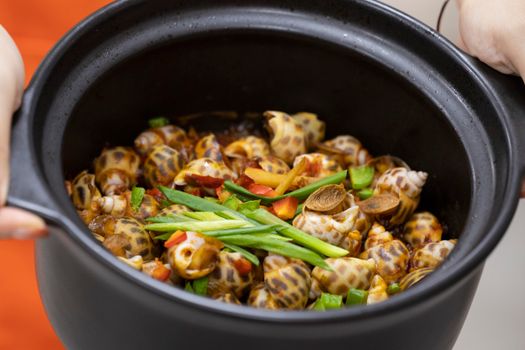 Close-up of a delicious Asian seashell dish with spices and herbs in a cooking pot.