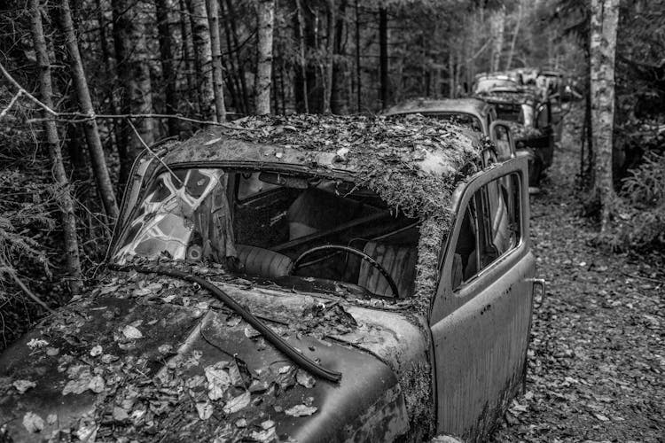 Grayscale Photo Of Broken Cars