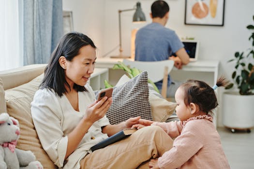 Asian family spending time together, balancing work and play at home.