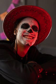 A vibrant portrait of a person in sugar skull makeup celebrating Dia de los Muertos.