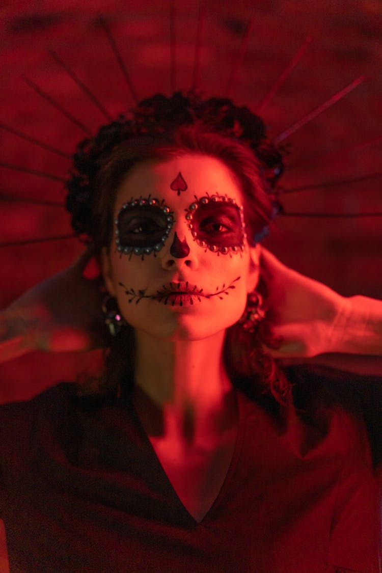 Close-Up Shot Of A Woman With Skeleton Face