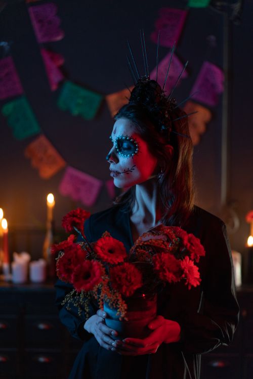 Free A woman wearing Day of the Dead makeup holds red flowers in a dimly lit, festive setting. Stock Photo