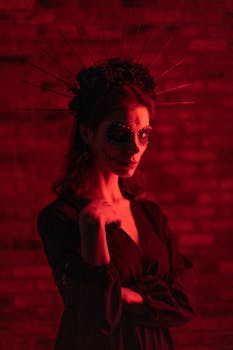 Artistic portrait of a woman with Day of the Dead makeup and costume in eerie red lighting.