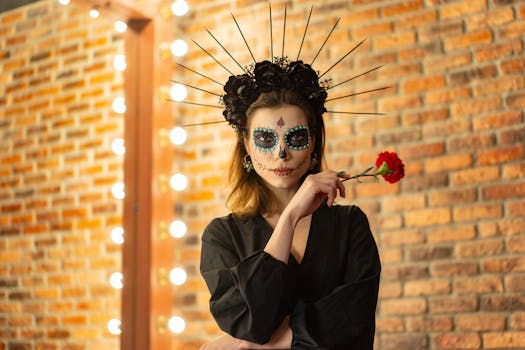 A woman with Day of the Dead makeup holding a red flower against a brick wall.