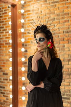 Artistic portrait of a woman in Day of the Dead makeup with a red flower.