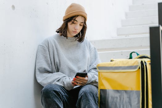 A young woman sitting on stairs using a smartphone next to a yellow delivery bag.