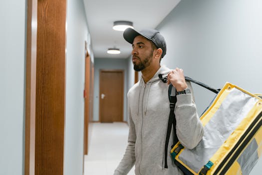 Food delivery person carrying thermal bag in an apartment hallway.