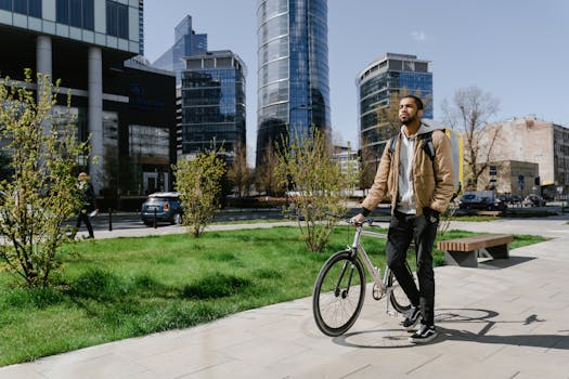 Bicycle courier in Warsaw urban area, navigating city streets for fast delivery.