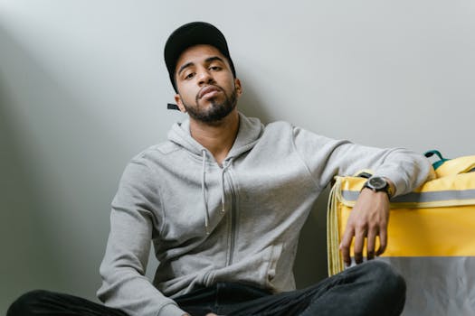 Young courier in casual attire resting with a yellow delivery bag indoors.