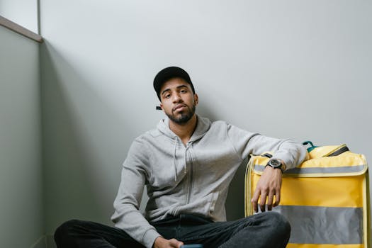 A tired delivery man rests with a yellow thermal bag in an urban setting.
