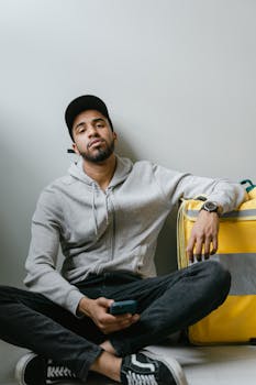 Casual food delivery courier relaxing with a smartphone near a yellow thermal bag.