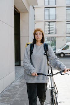 Young woman bicycle courier with backpack in urban street setting.